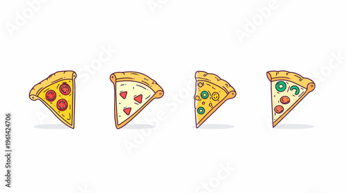 Hand-drawn slices of pizza with varying toppings are set against a crisp white backdrop