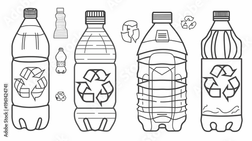 Outlined illustration of bottles with the recycling symbol, emphasizing waste reduction