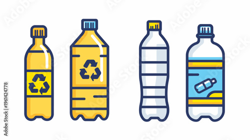 Four stylized bottles with different designs and a focus on recycling. Clear shapes and color