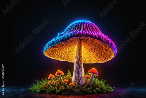 Big glowing fantastical mushroom on a isolated patch of grass with small mushrooms beneath it, isolated on blank dark background