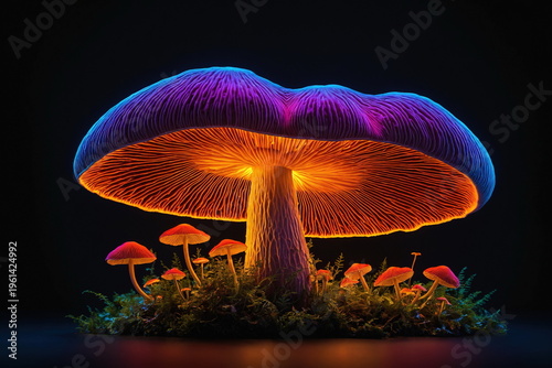 Huge purple mushroom with orange glowing underneath, small glowing mushrooms growing beneath, isolated on dark blank background