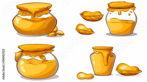 Cartoon-style illustration of several jars of dripping honey and peanuts on a white backdrop