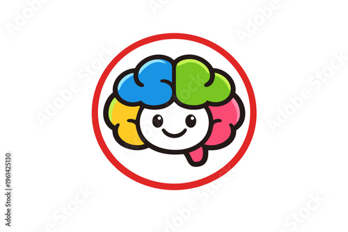 Cute Colorful Brain Character in Red Circle – Kids Education Logo