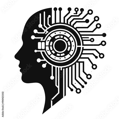 Artificial intelligence concept with human head silhouette and digital circuit board brain.
