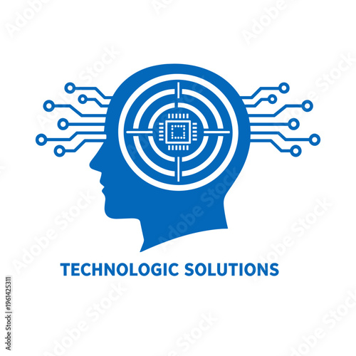 Technologic solutions concept, blue icon of human brain with digital chip and neural network.