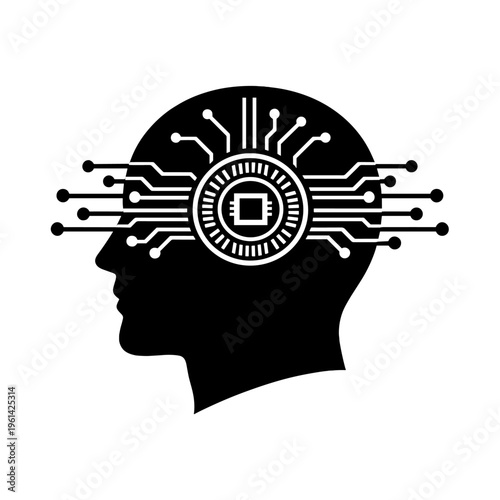 Human profile with microprocessor and neural network lines, black and white vector illustration.