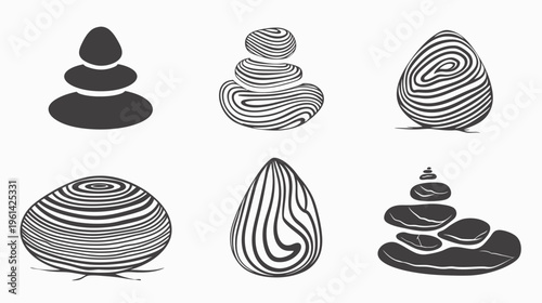 Stone sculptures with concentric lines and stacked pebble designs, grey on white