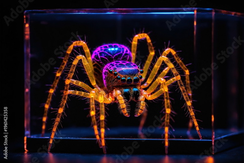 Strange spider with purple body and yellow glowing legs