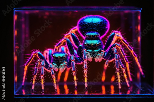 Bright neon colored metallic blue spiders, big and small spiders with shining blue bodies and glowing bristles