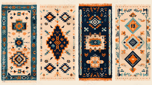 Four rectangular carpets with various tribal inspired geometric patterns and fringe detail