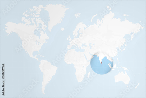 Sri Lanka Map with Flag in Magnifying Glass on World Map Background