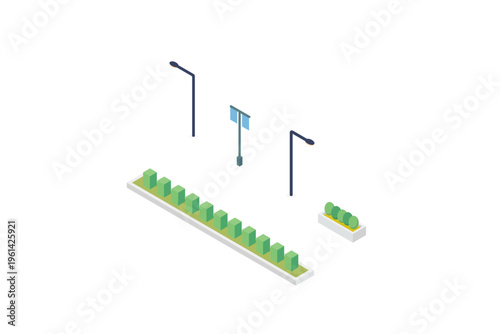 Isometric Streetlights And Hedge Row