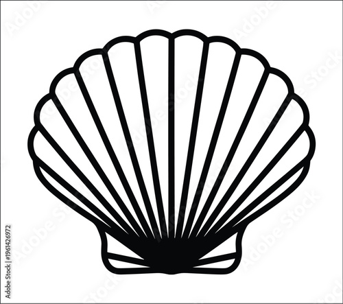 Black and white line of a fan shaped scallop seashell with radiating ridges centered on a plain white background