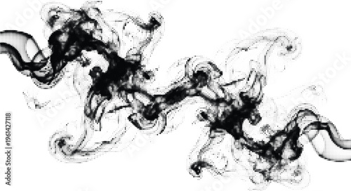 Dark abstract smoke or ink streams with halftone texture on transparent checkered background overlay.