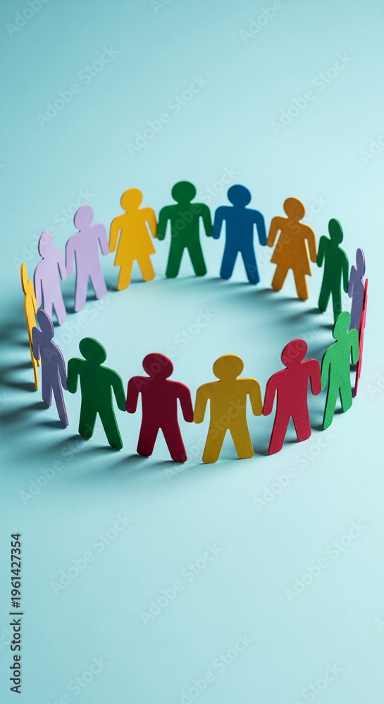Fototapeta premium Colorful human figure in circle on blue background, depicting unity, connection, and collaboration, suitable for themes of teamwork and society