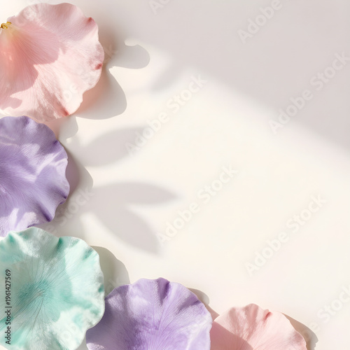 soft leaf shadows on light background, natural sunlight, minimal luxury spring design, elegant composition, large copy space