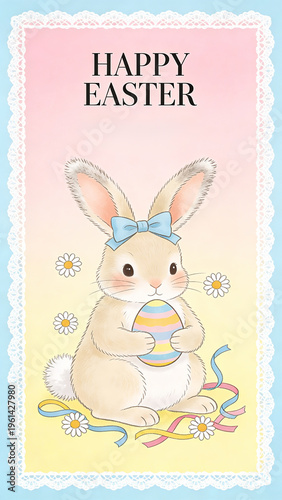 Happy Easter Flat Cartoon Cute Easter Bunny with Pastel Egg Flowers Greeting Card