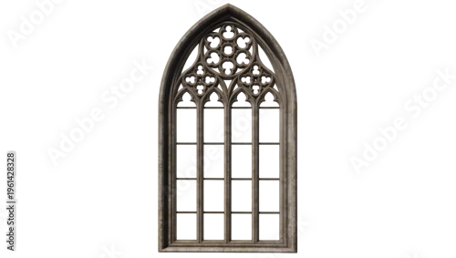 Fototapeta Ornate gothic arched window frame with trefoil detailing, beautifully rendered isolated on transparent background for architectural designs