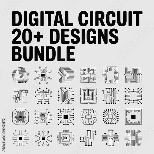 24 Minimalist Digital Circuit Board Vector Icons - Abstract Tech Microchip Design Bundle