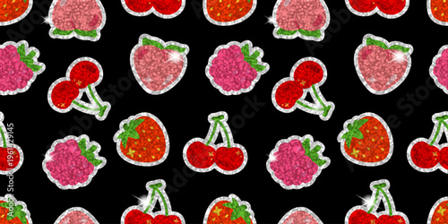 Seamless glitter sticker pattern with strawberries, cherries and raspberries on black background. Bright shiny repeating berry texture for fabric, wrapping paper, stationery, prints and packaging.