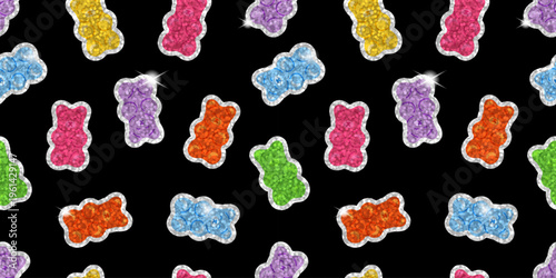 Seamless glitter sticker pattern with colorful gummy bears on black background. Bright shiny repeating candy texture for fabric, wrapping paper, stationery, scrapbook, prints and packaging.