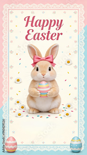 Happy Easter Flat Cartoon Cute Easter Bunny with Pastel Egg Flowers Greeting Card