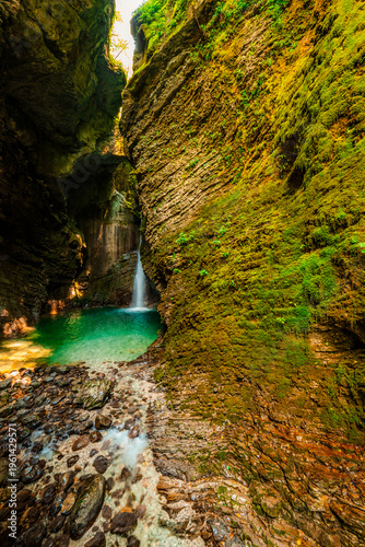 Obraz na płótnie Kozjak waterfall in Slovenian alps near soca river