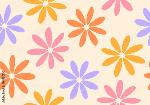 Floral seamless pattern, cute flower, simple groovy daisy, retro spring background, vintage summer floral print. Naive colorful chamomile