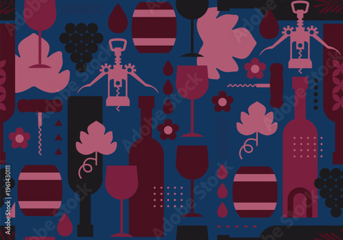 Abstract Seamless Pattern with Geometric Shapes and Wine Tasting Concept Elements