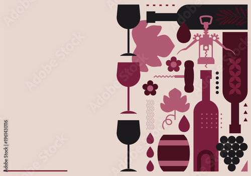 Wine bottles and glasses. Restaurant menu design. Vector illustration