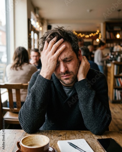 Man looking stressed and tired sitting at a cafe table