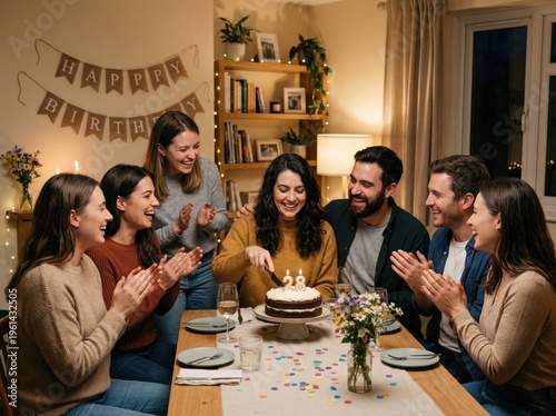 Friends celebrating a birthday with cake and decorations
