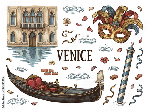 Venice Carnival Elements Vector Illustration Set with Gondola Palace and Masquerade Mask