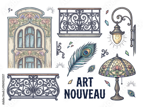 Art Nouveau Design Element Set with Ornate Architecture, Wrought Iron Balconies, Tiffany Lamp, and Peacock Feathers