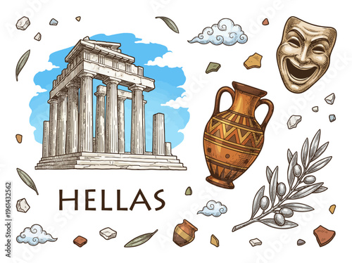 Ancient Greek Culture Symbols and Architecture Vector Illustration featuring Parthenon Temple, Amphora Vase, Theater Mask, and Olive Branch on Black Background
