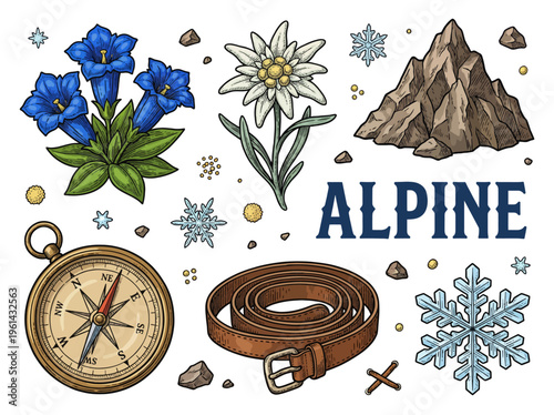 Vintage Alpine Nature and Hiking Vector Illustration Set Featuring Edelweiss, Gentian Flowers, Mountain Peak, Antique Compass, and Snowflakes