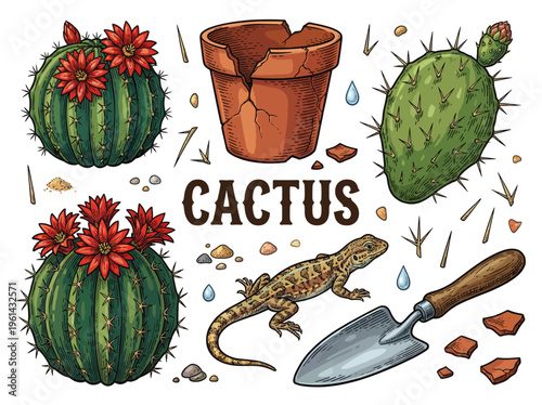Hand Drawn Cactus Illustration Set with Lizard, Garden Trowel, and Broken Clay Pot on Black Background