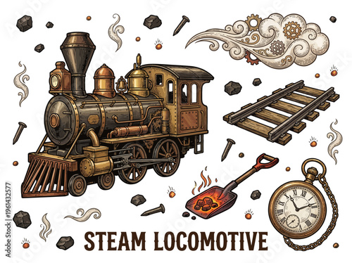 Vintage Steam Locomotive Vector Set with Railway Tracks, Pocket Watch, and Coal Elements in Engraved Steampunk Style