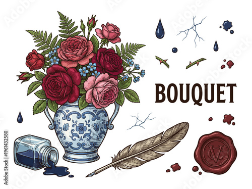 Vintage Still Life Vector Illustration Set with Rose Bouquet in a Porcelain Vase, Quill Pen, Inkwell, and Wax Seal