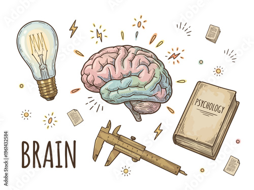 Concept of human brain, psychology, and creative thinking with light bulb, book, and measurement calipers vector illustration