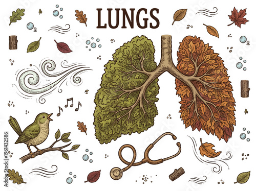 Human Lungs Shaped Like Tree Branches and Leaves Vector Illustration, Environmental Health Concept with Stethoscope, Bird and Wind Elements in Vintage Hand-Drawn Style