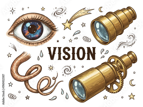 Vintage Cosmic Vision Illustration Set with Human Eye Antique Telescopes and Celestial Elements