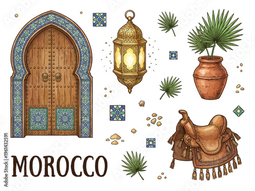 Moroccan Cultural Heritage Set with Traditional Door Lantern Camel Saddle and Decorative Zellige Tiles Vector Illustration