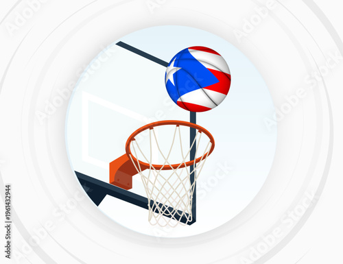 Puerto Rico Flag Themed Basketball in Motion, Scoring Moment in Basketball Game.