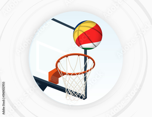 Seychelles Flag Themed Basketball in Motion, Scoring Moment in Basketball Game.