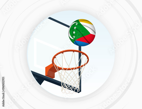 Comoros Flag Themed Basketball in Motion, Scoring Moment in Basketball Game.