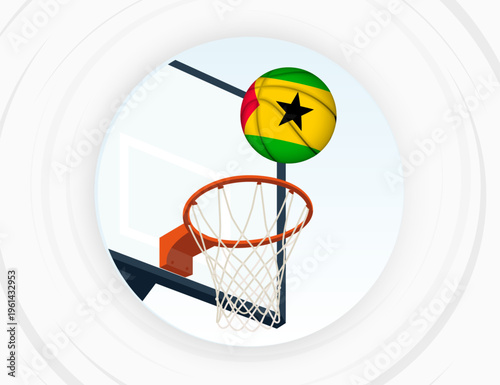 Sao Tome and Principe Flag Themed Basketball in Motion, Scoring Moment in Basketball Game.