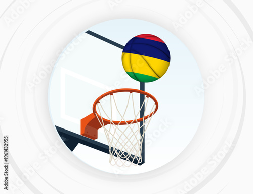 Mauritius Flag Themed Basketball in Motion, Scoring Moment in Basketball Game.