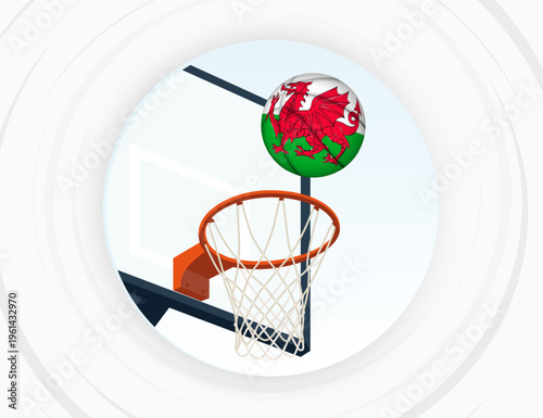 Wales Flag Themed Basketball in Motion, Scoring Moment in Basketball Game.