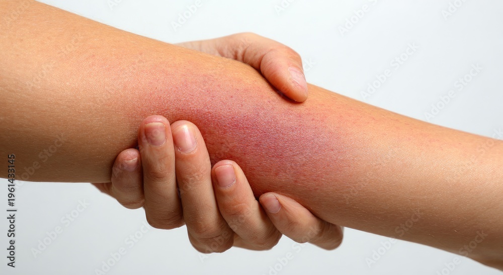 Fototapeta premium Swollen, red arm held by another person's hands against a white background